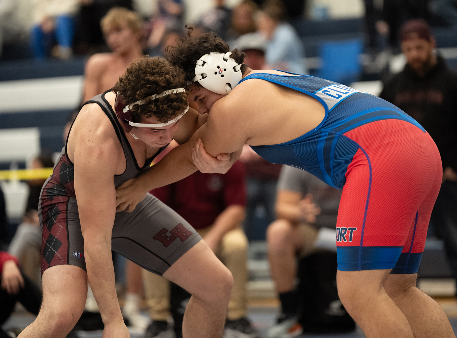 East Hampton's Franco Palombino wrestles down Bellport's Justin Calero to the mat in their quarterfinals match.   RON ESPOSITO