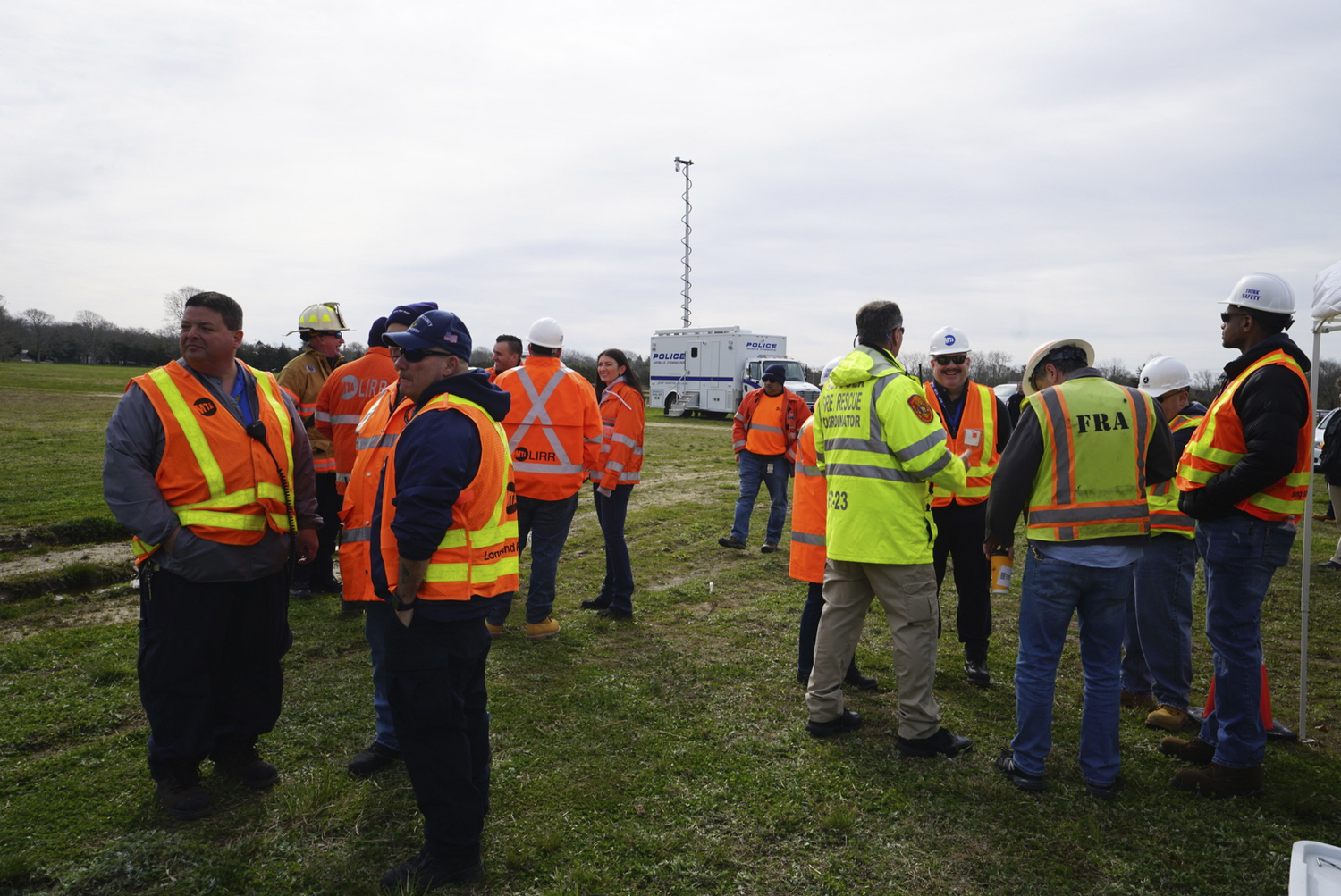 First responders go to work during the full-scale mass casualty drill involving a train accident on Sunday morning in Amagansett.  DOUG KUNTZ