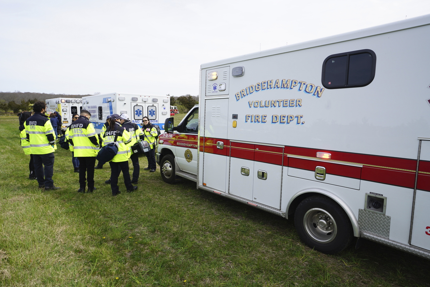 First responders go to work during the full-scale mass casualty drill involving a train accident on Sunday morning in Amagansett.  DOUG KUNTZ