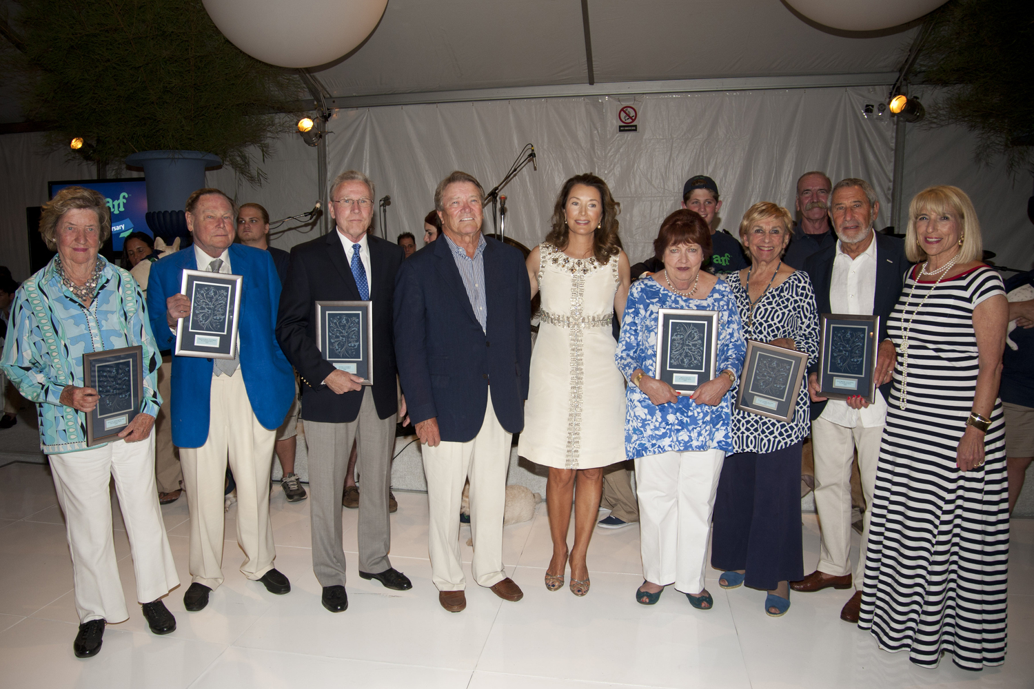 The ARF 2014 Bow Wow Meow Ball honoring past Board Presidents  Polly Bruckmann, Billy Rayner, Doug Cassidy, Emcee Steve Kroft, Lisa McCarthy, Jill Caras, Sony Schotland, Raymond Cortell and Dorothy Wahl.    PATRICK MCMULLAN