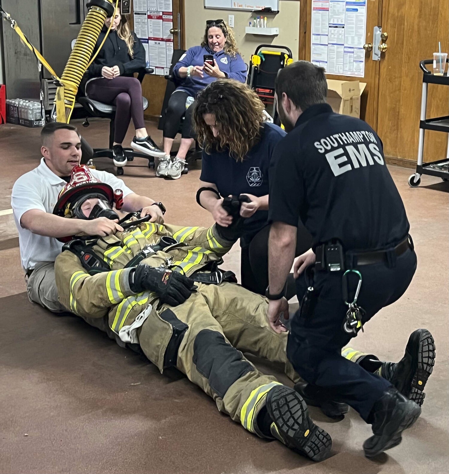 The Southampton Volunteer Ambulance conducts monthly membership meetings and drills to plan readiness and maintain skills. On average, EMTs invest 180 hours to credential initially, and another 45 hours in continuing medical education to recertify every three years. Paramedics require between 1,200 and 1,800 hours to credential initially and 60 hours to recertify.     Courtesy Adele Kristiansson