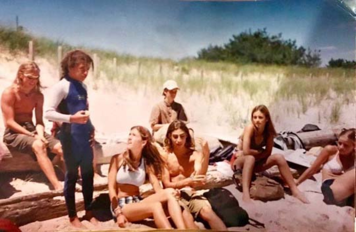 Monica and Matt Frisbie at age 13, with friends on the beach in Amagansett.