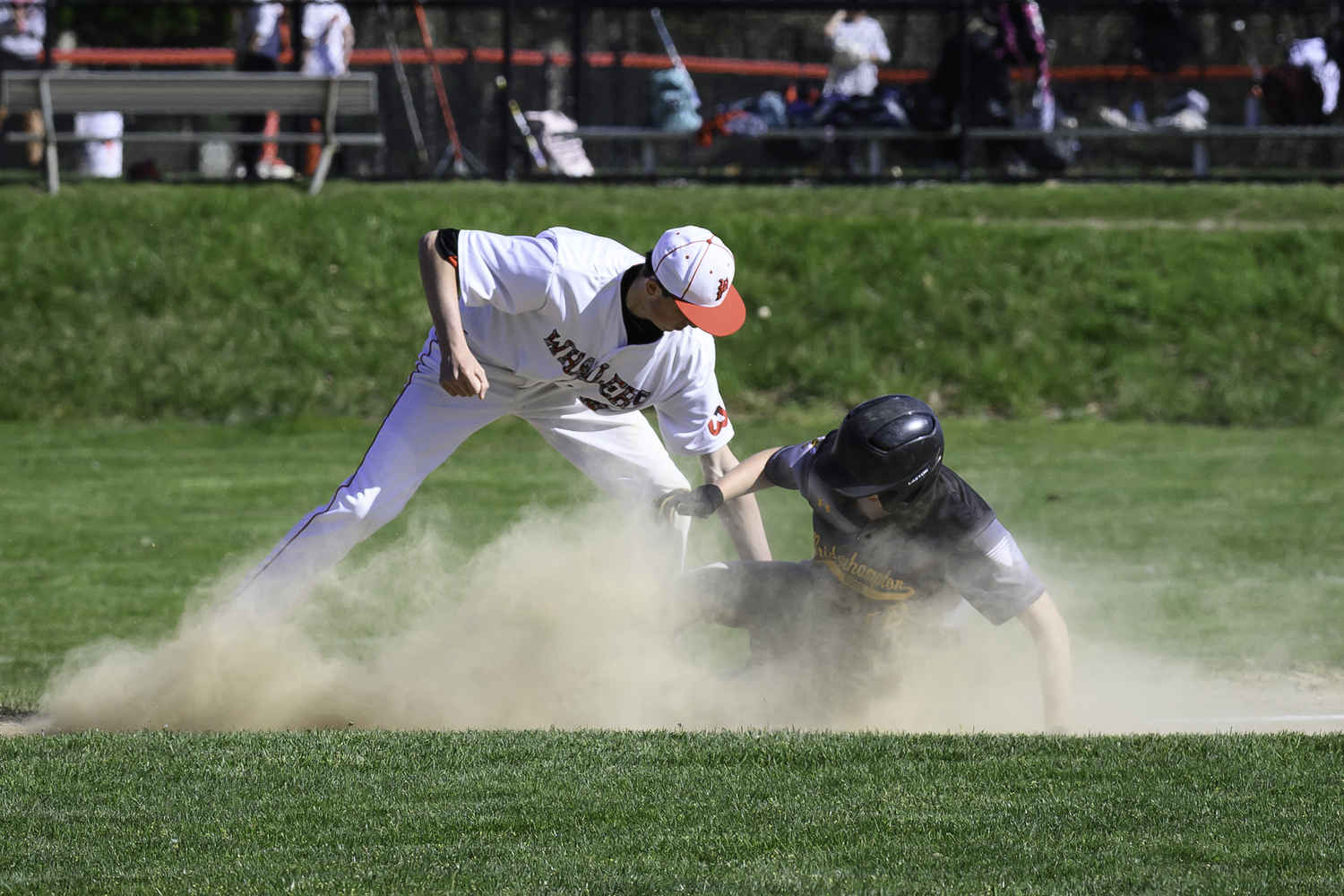 Pierson third baseman Braeden Mott tags out a Bridgehampton/Ross base runner.   MARIANNE BARNETT