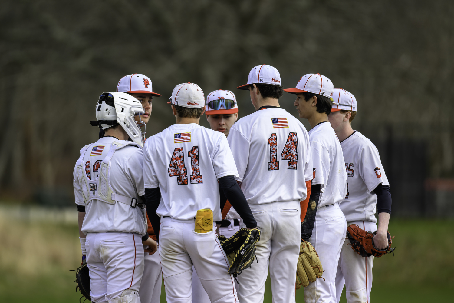 Assistant coach Tyler LaBorne meets with the infield in a game earlier this season.   MARIANNE BARNETT