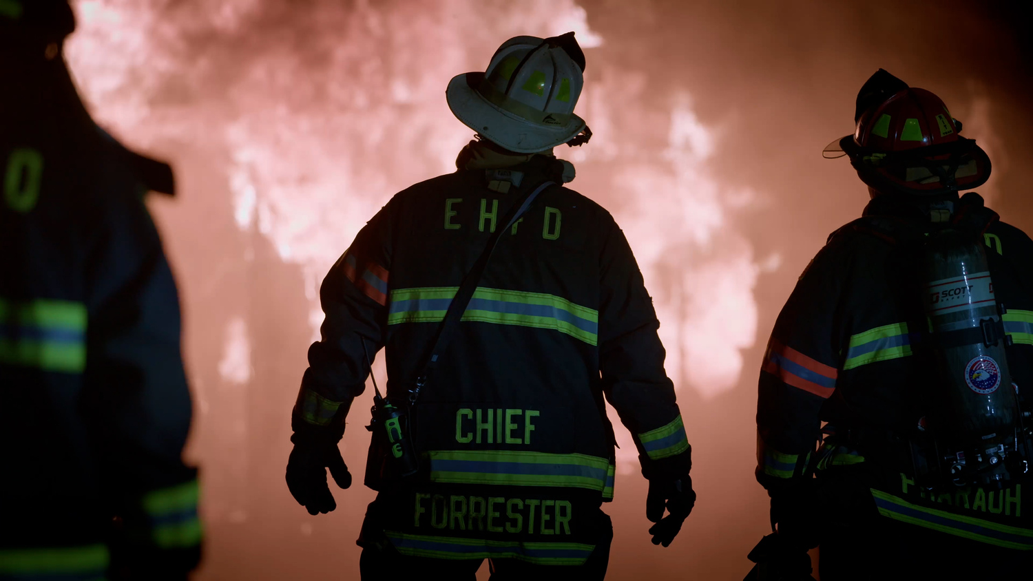 East Hampton Fire Department firefighters battle a blaze in a training exercise depicted in a recruiting video produced by East Hampton Village to attract new volunteers.