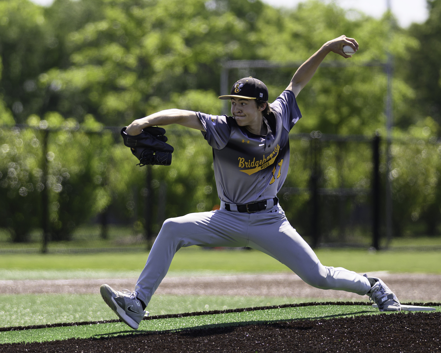 Bridgehampton sophomore starting pitcher Kai Alversa winds up to toss a pitch. MARIANNE BARNETT