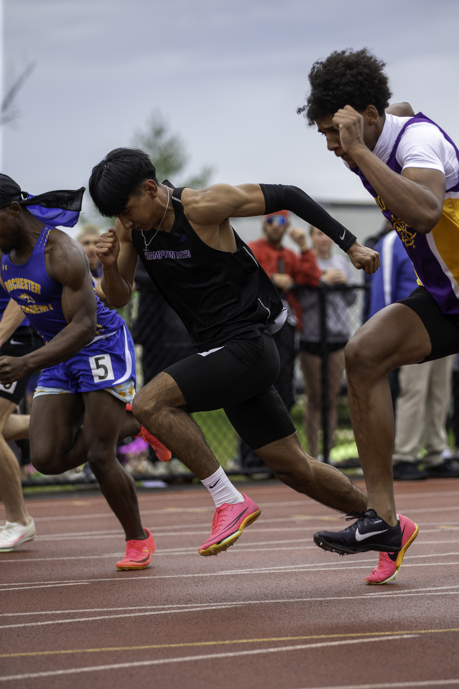 Hampton Bays senior Charlie Garcia ran in the preliminary race of the 100-meter dash and that was it due to hamstring injuries.   ZAIDA TALEV