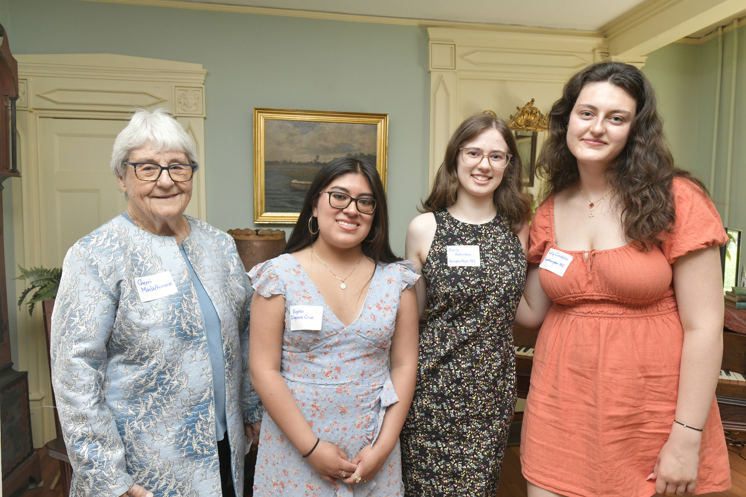 The Southampton Colony Chapter of the National Daughters of the American Revolution (DAR) recently presented the Good Citizen Scholarship awards to local high schools seniors. With scholarship committee chair Gerri MacWhinnie, left are, Sophia Ilagorre Cruz from Pierson High School; Emily Robinson of Hampton Bays High School and Lily Conklin from Southampton High School. Missing from photo is Alexis Davis of Bridgehampton High School.  DANA SHAW