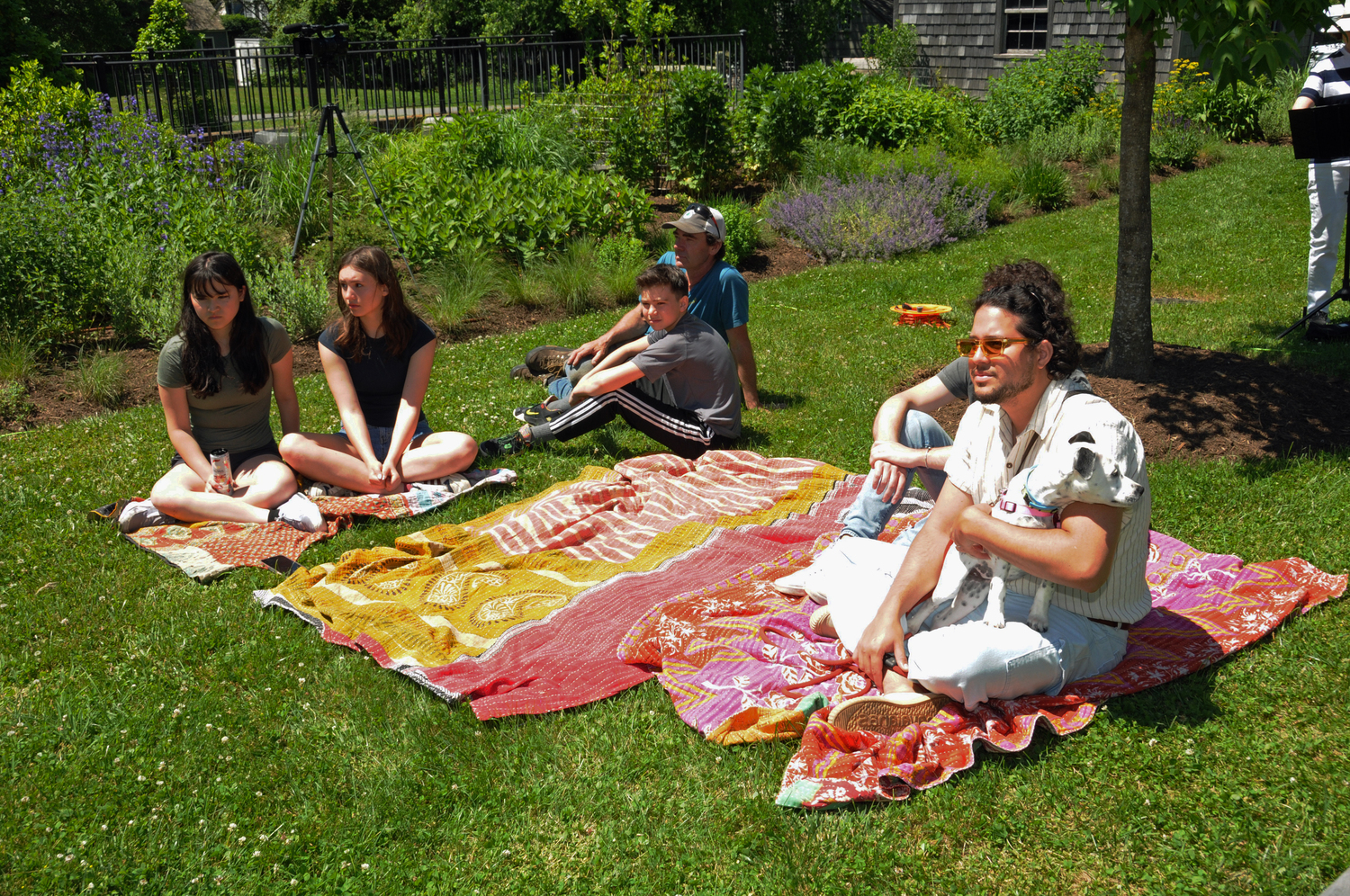 Emma Kapon, Ophelia Lawless, Dutch and James Lawless, Emanuel Wheeler and Mia at ChangeHampton’s “Naming Names: To Save It, We Need To Name It,” at the pollinator garden at East Hampton Town Hall in Saturday.   RICHARD LEWIN