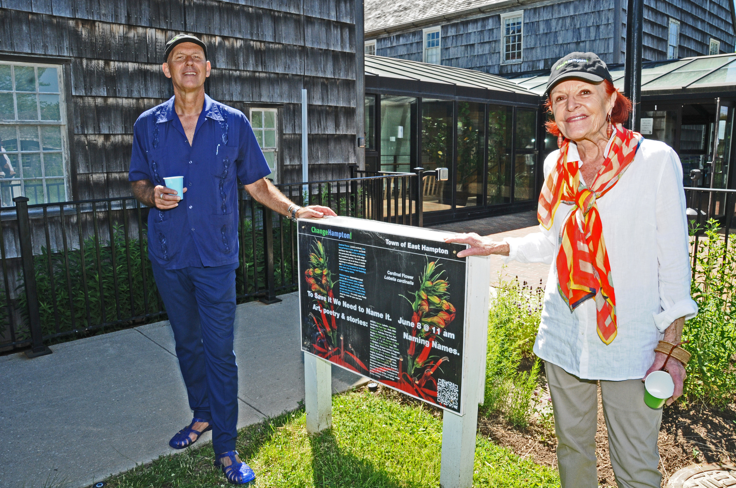 ChangeHampton Board Secretary/Treasurer and Co-Founder Gail Pellett with Board President and Co-Founder Stephan Van Dam at “Naming Names: To Save It, We Need To Name It,” at the pollinator garden at East Hampton Town Hall in Saturday.   RICHARD LEWIN