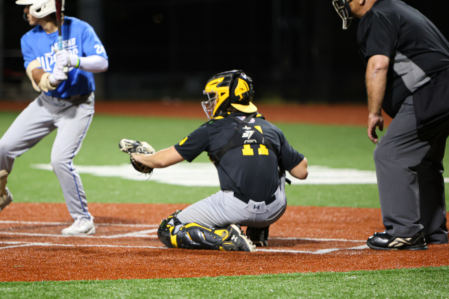 Bridgehampton/Ross senior Milo Tompkins caught the final three innings of the game, including the final out when Suffolk defeated Nassau, 3-2.   COURTESY LOU LIBERATORE