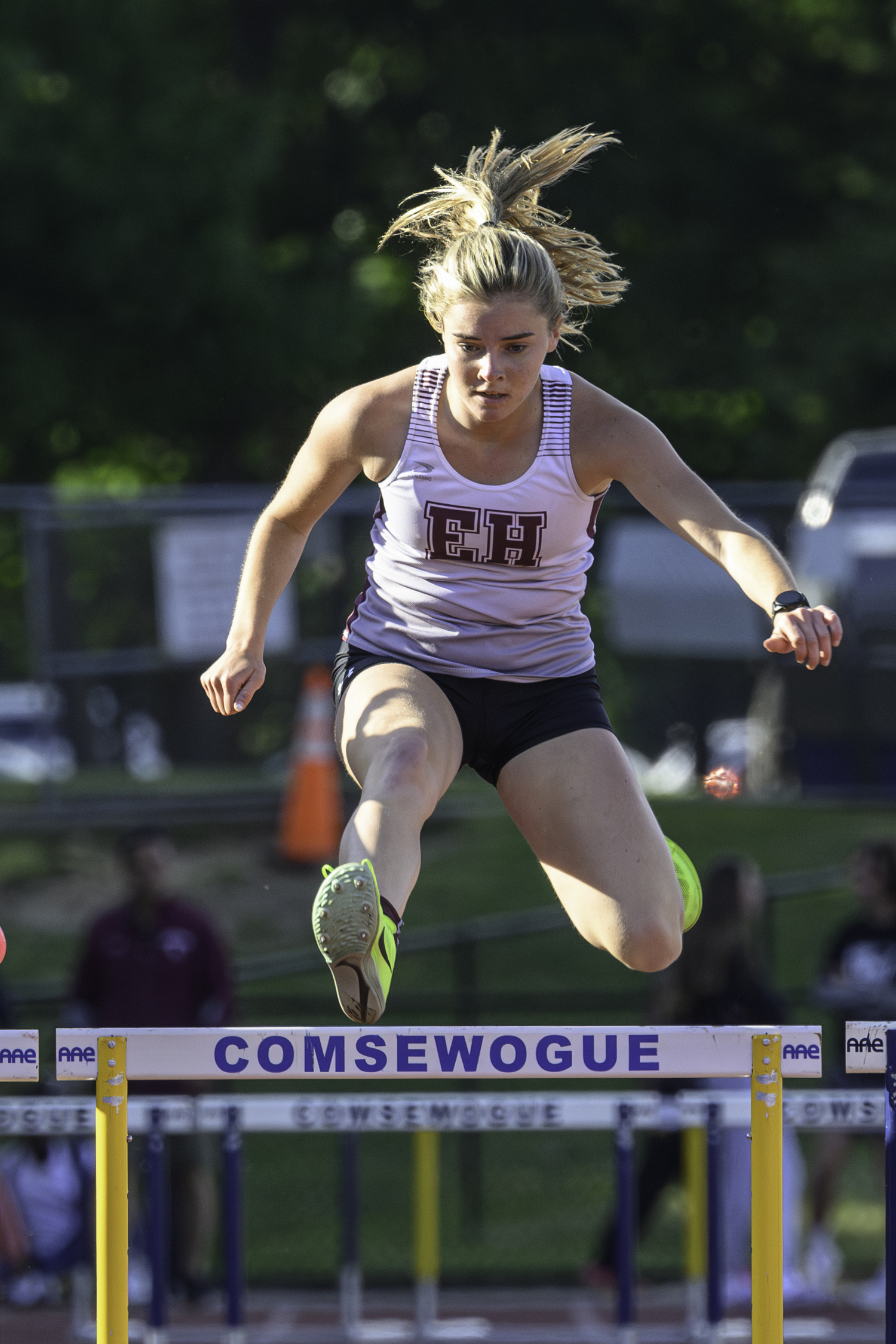 East Hampton senior Ryleigh O'Donnell in the 400-meter intermediate hurdles.  MARIANNE BARNETT