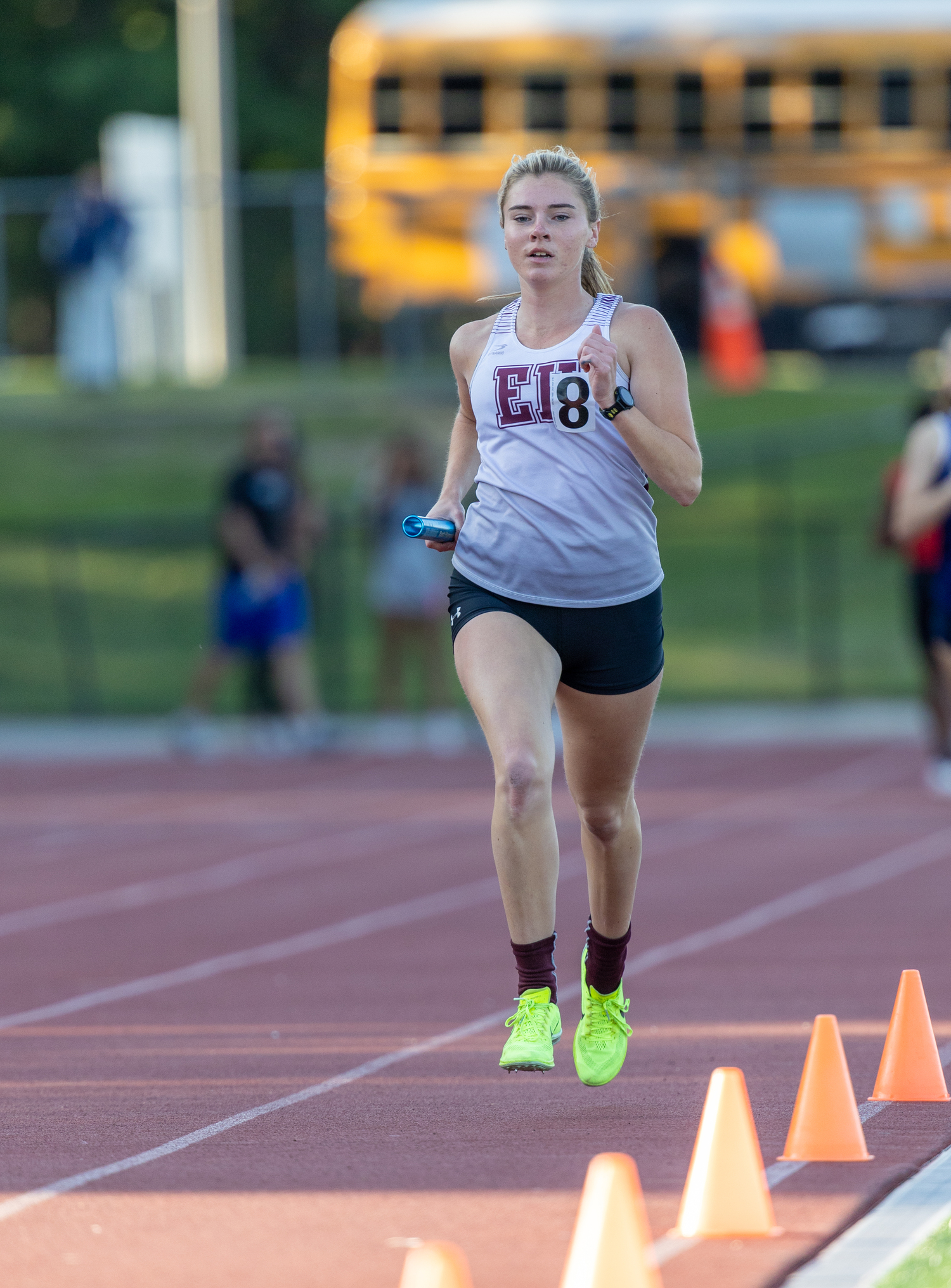 East Hampton senior Ryleigh O'Donnell running the anchor leg of the 4x800-meter relay.   RON ESPOSITO