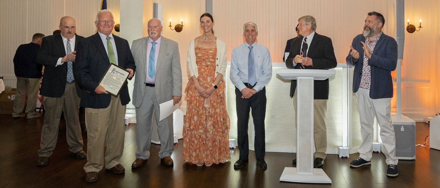 Tom Betjemann, second from left, was honored for his thirty years of service to the department. He is shown with Chief Darryl Schunk and the members of the Village of Westhampton Beach Board of Trustees at the Westhampton Beach Fire Department annual dinner at the Westhampton Country Club on May 31. COURTESY WESTHAMPTON BEACH FIRE DEPARTMENT