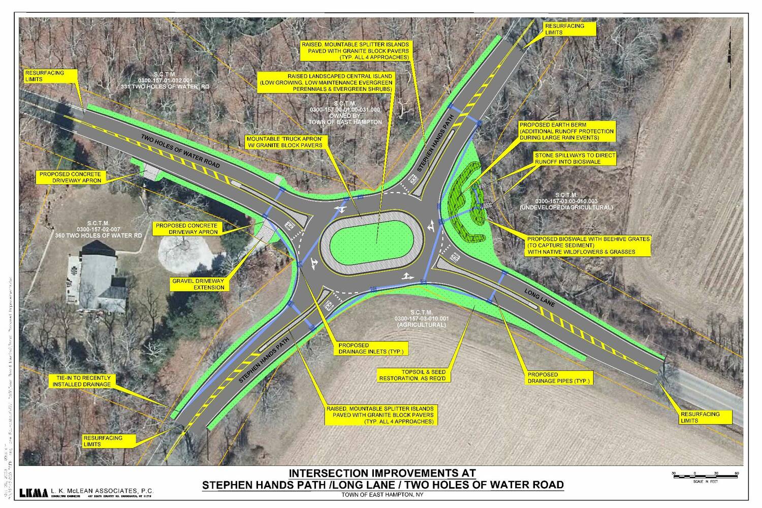 East Hampton Town plans to construct a roundabout at the intersection to make negotiating it safer and smoother. LK McLean Associates